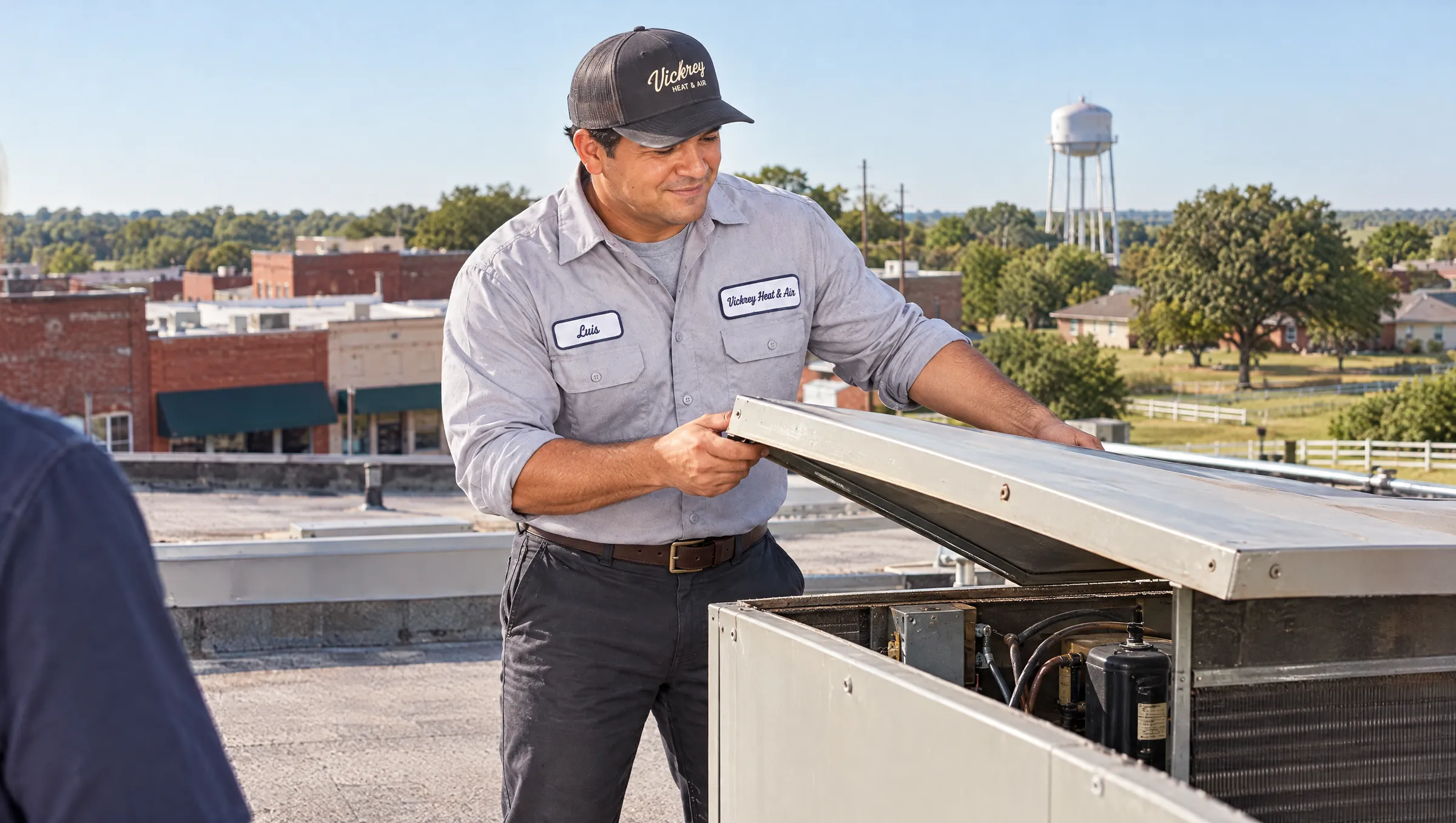 Technician opening a rooftop heating and cooling unit on a commercial building in town