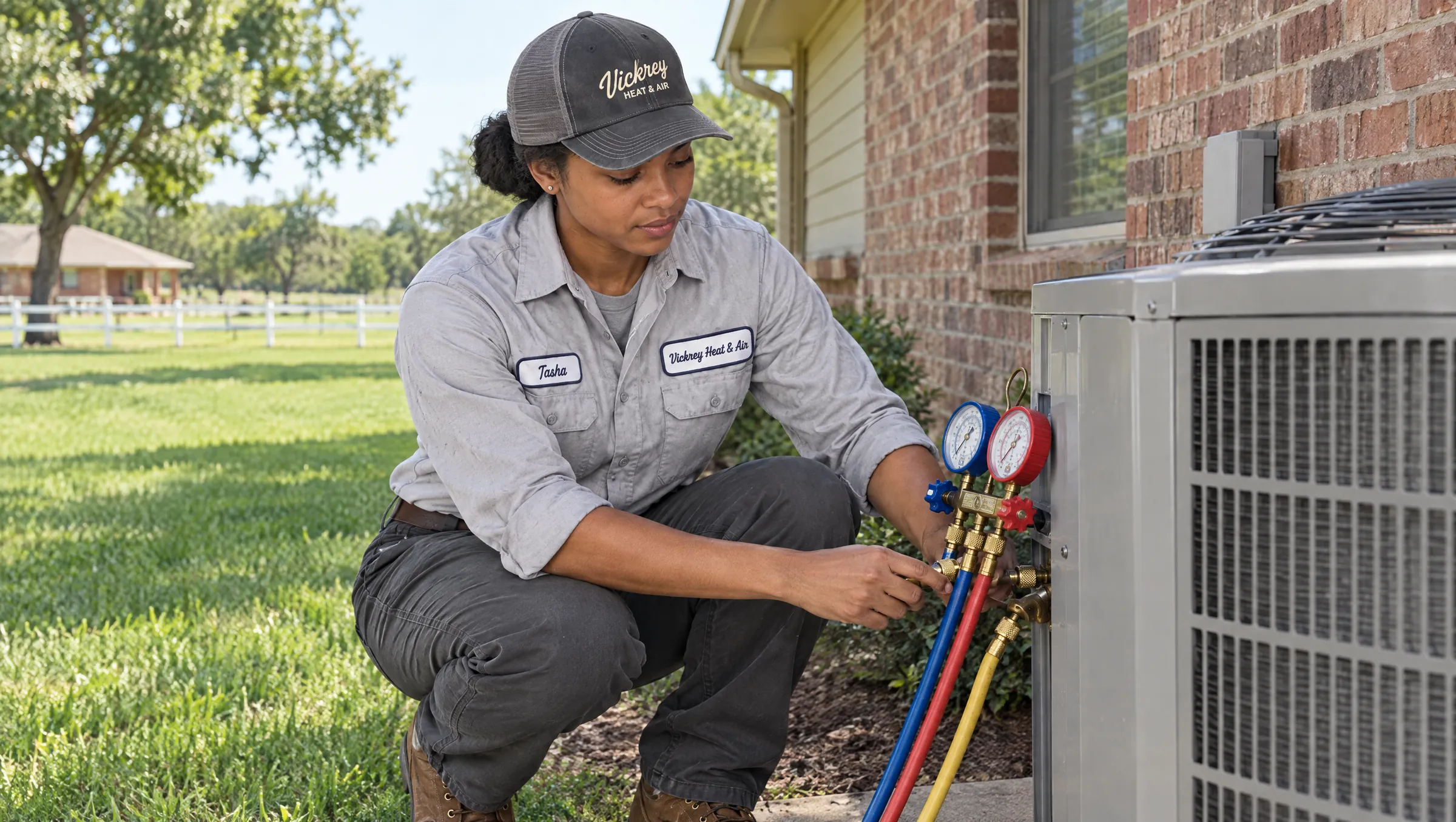 Technician checking an outdoor condenser with gauges beside a brick home