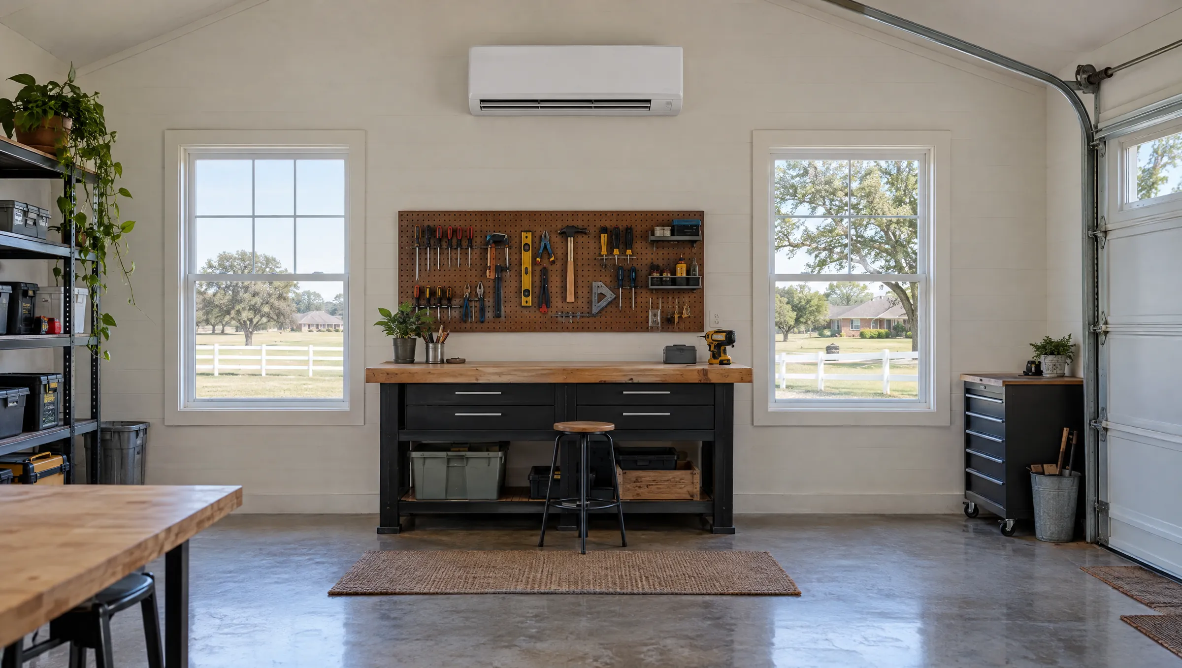 Ductless wall unit above a workbench in a finished garage shop