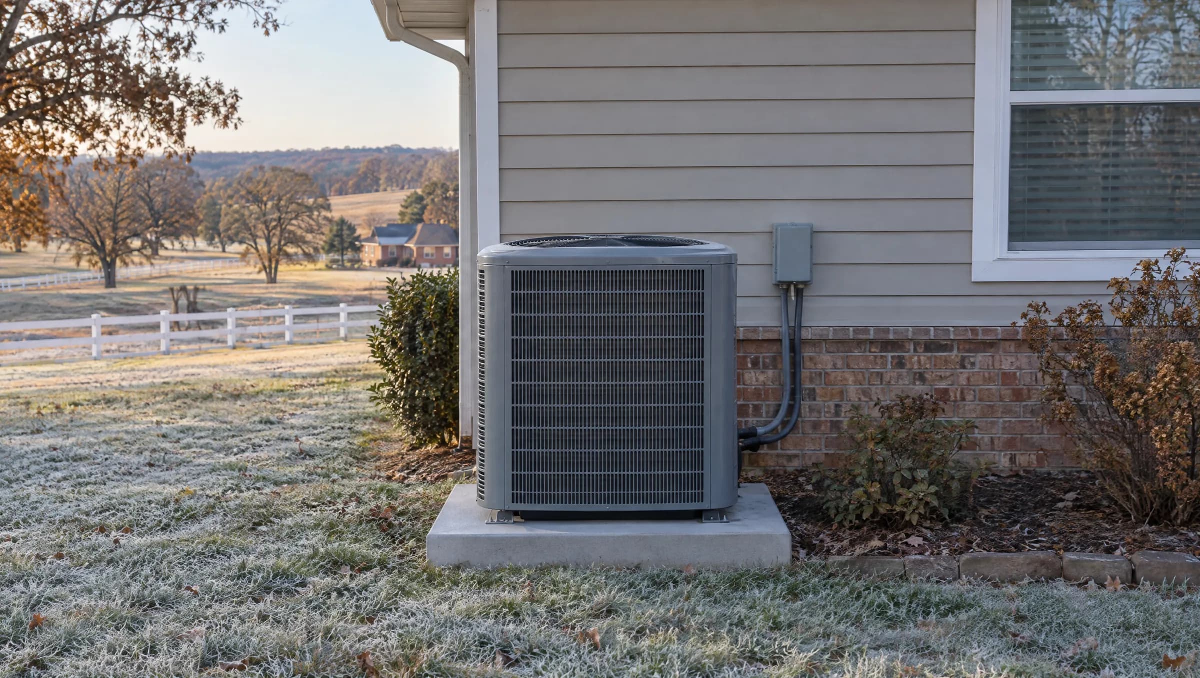 Outdoor heat pump on a pad beside a home on a frosty morning