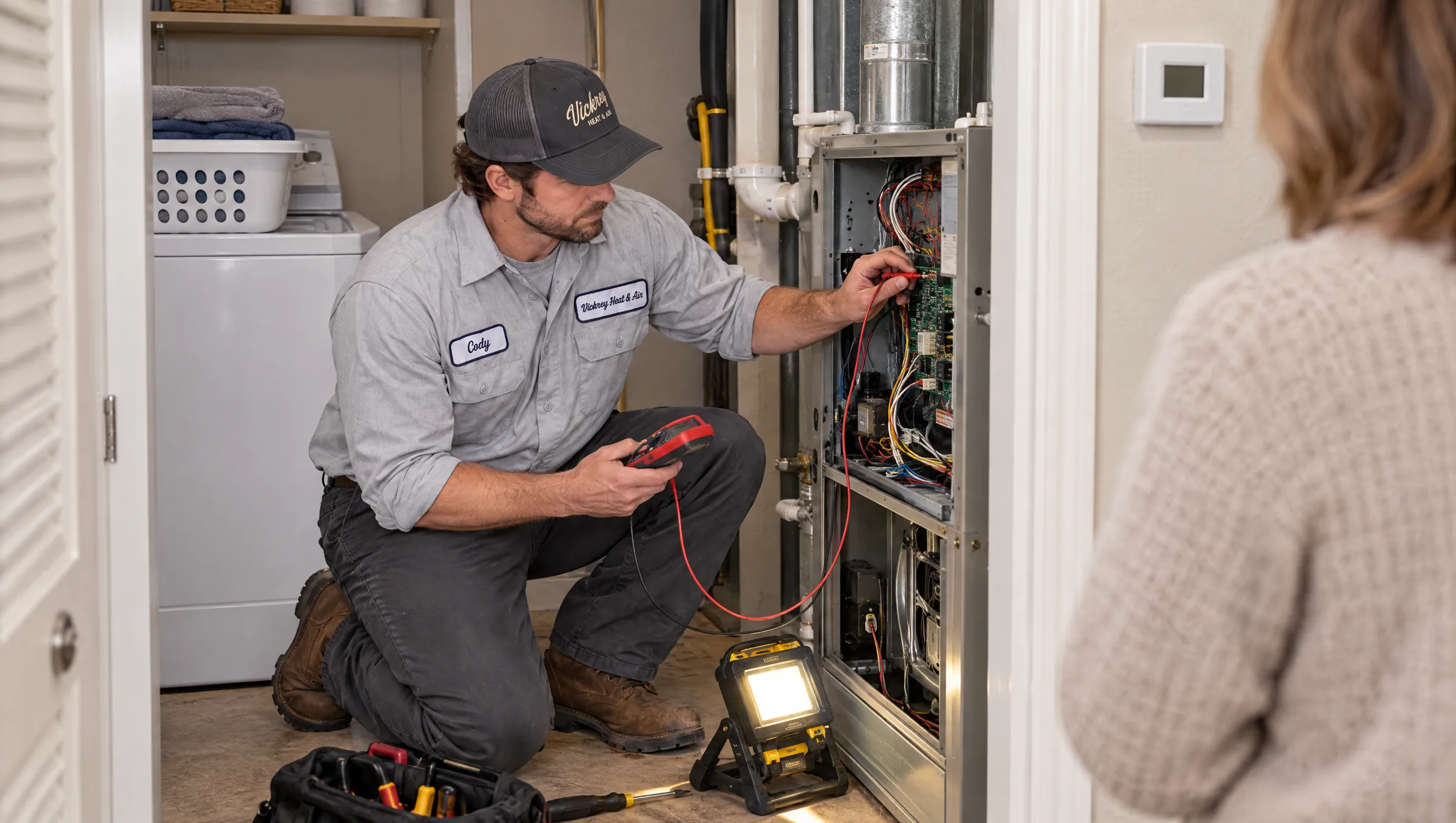 Technician testing a gas furnace in a utility room while the homeowner looks on