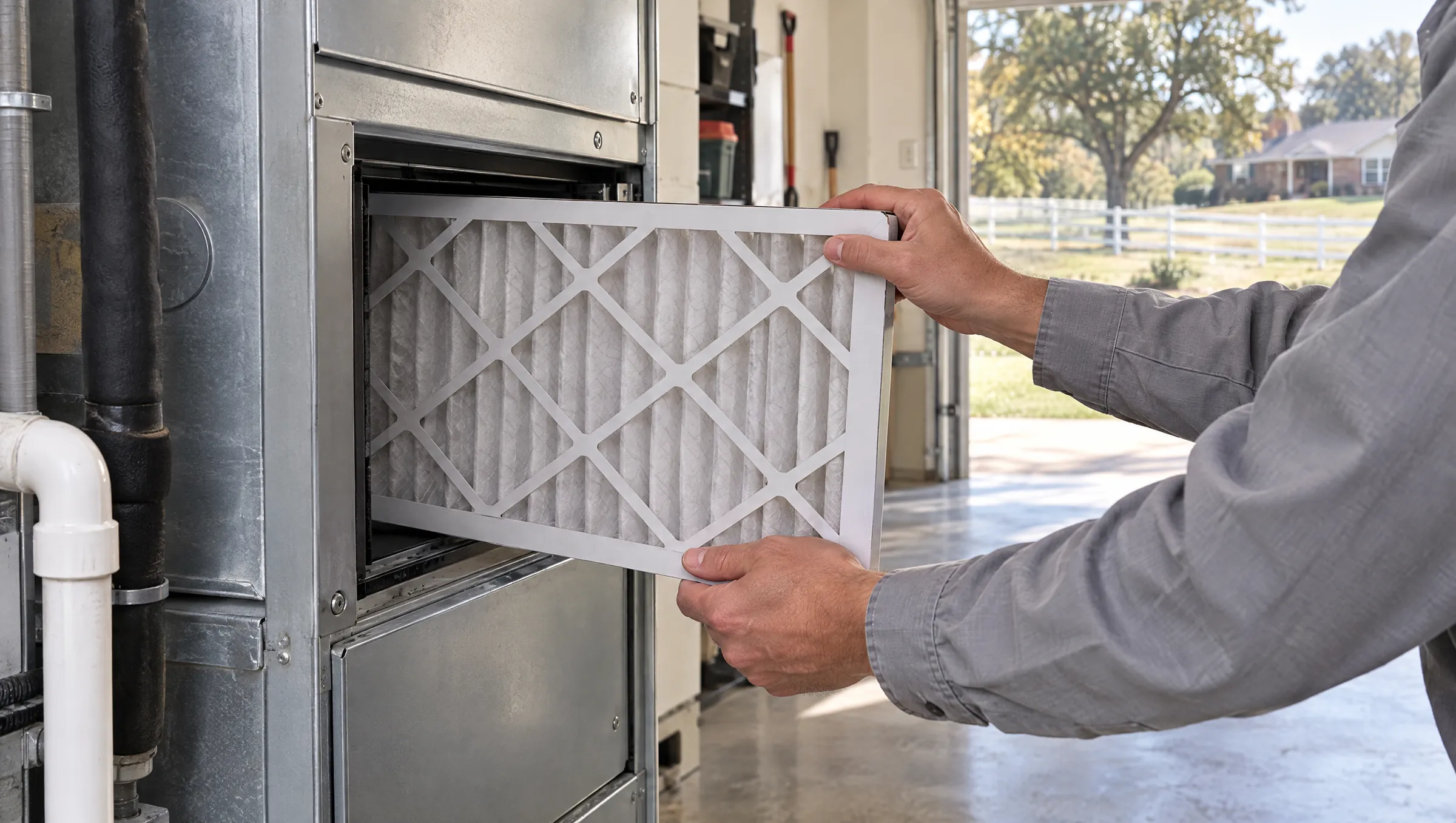 Technician sliding a new pleated filter into a furnace