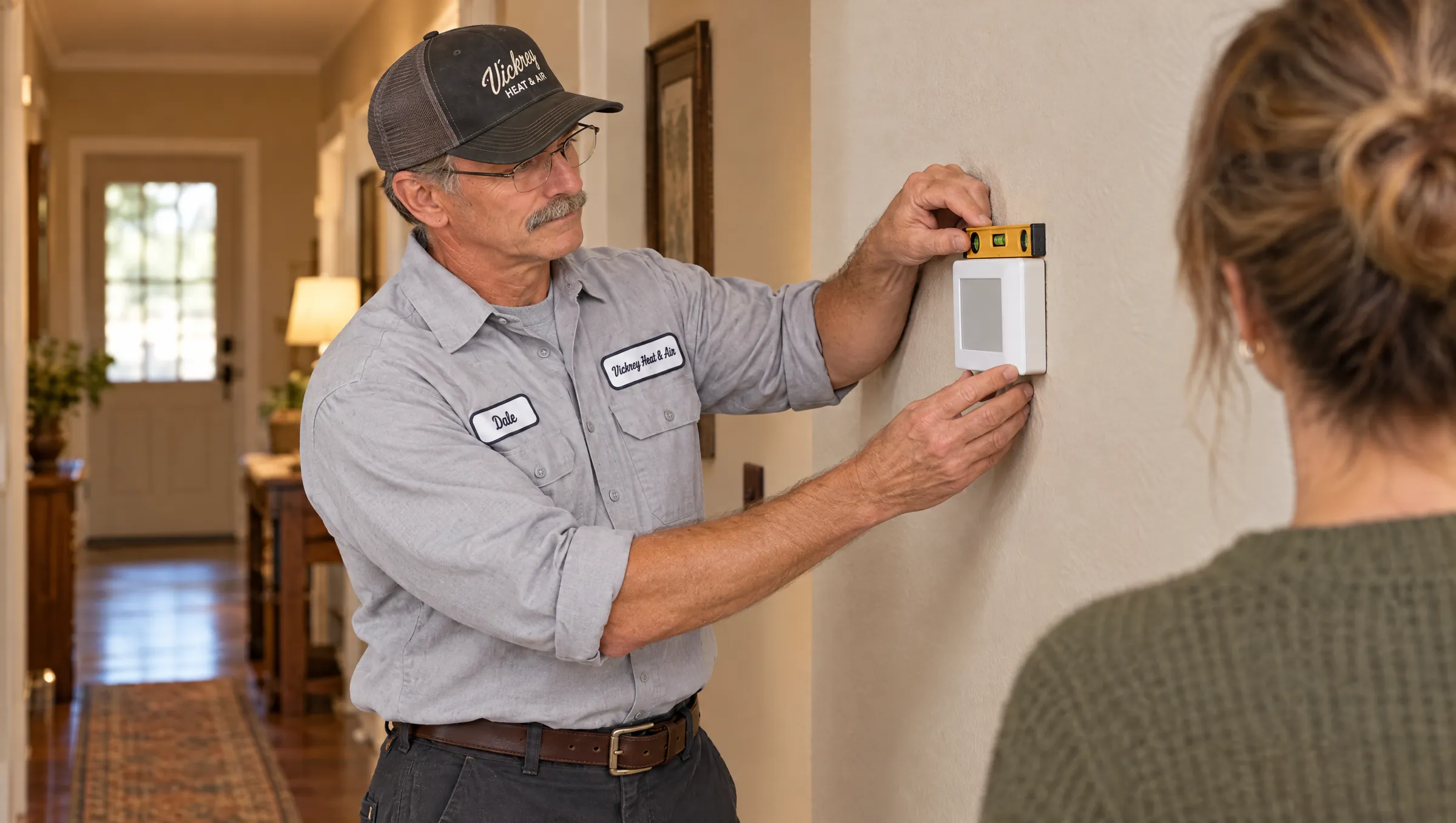 Technician leveling a new wall thermostat for a homeowner