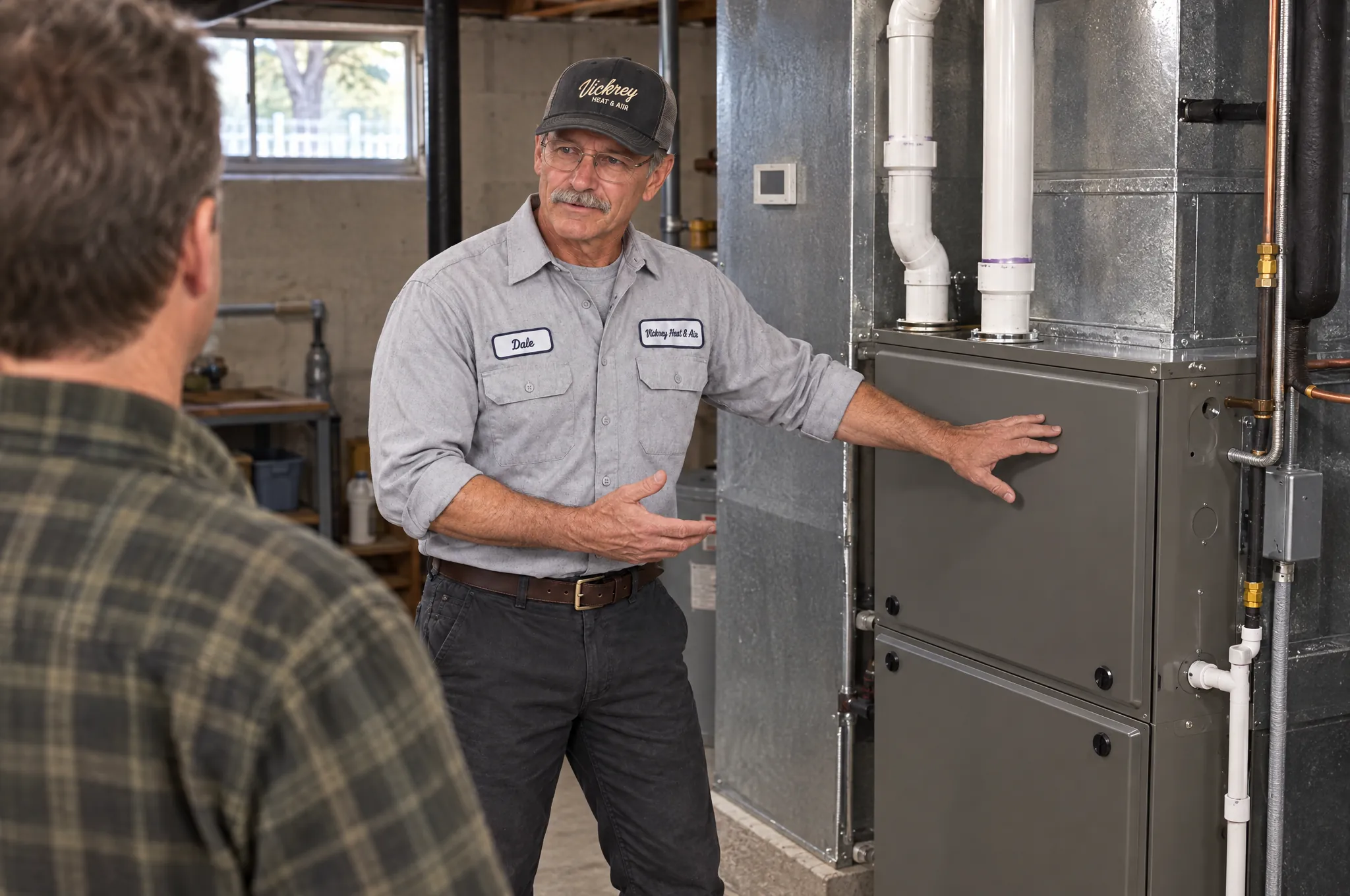 Technician explaining a furnace to a homeowner