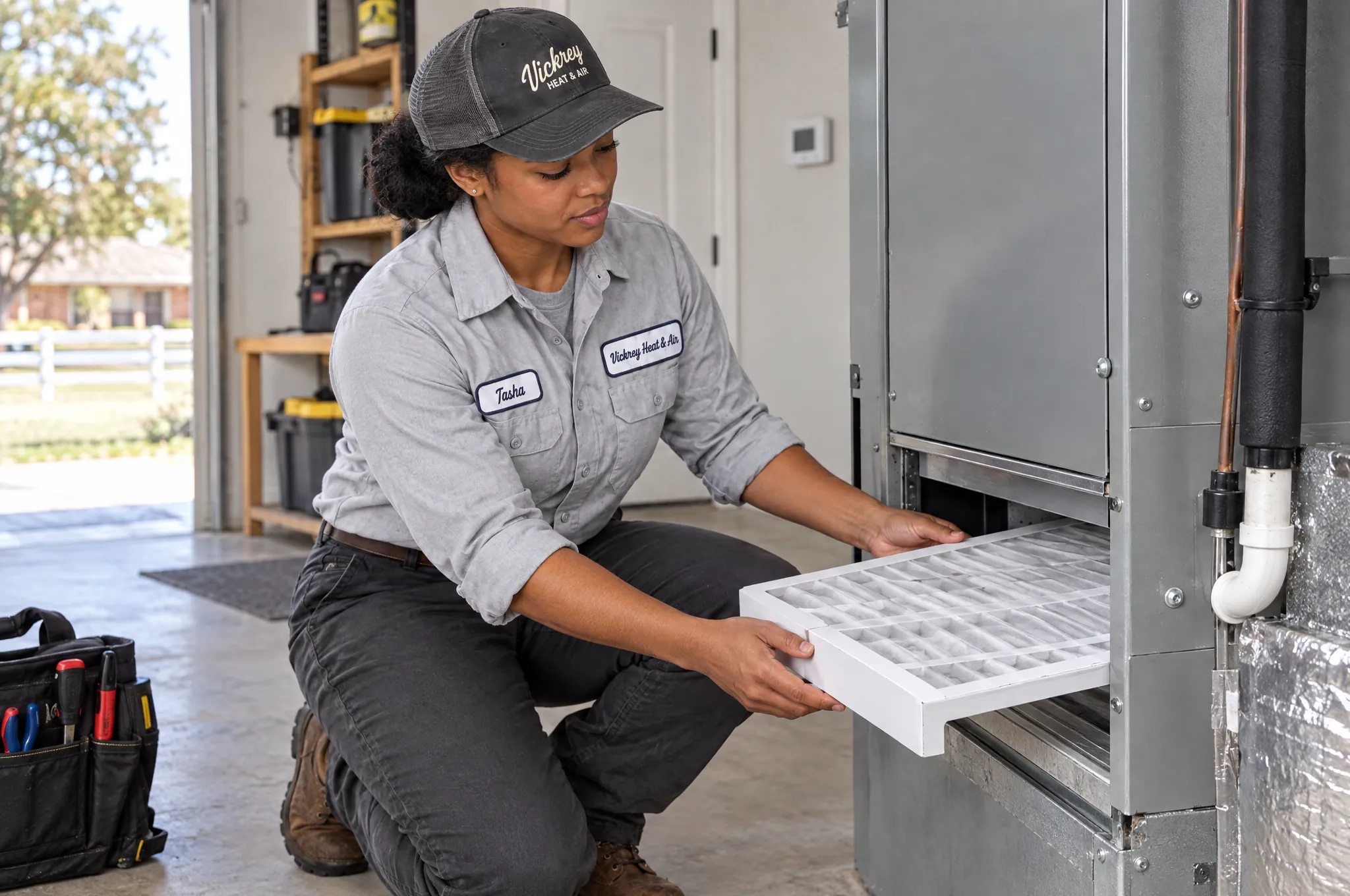 Technician changing the filter in an air handler