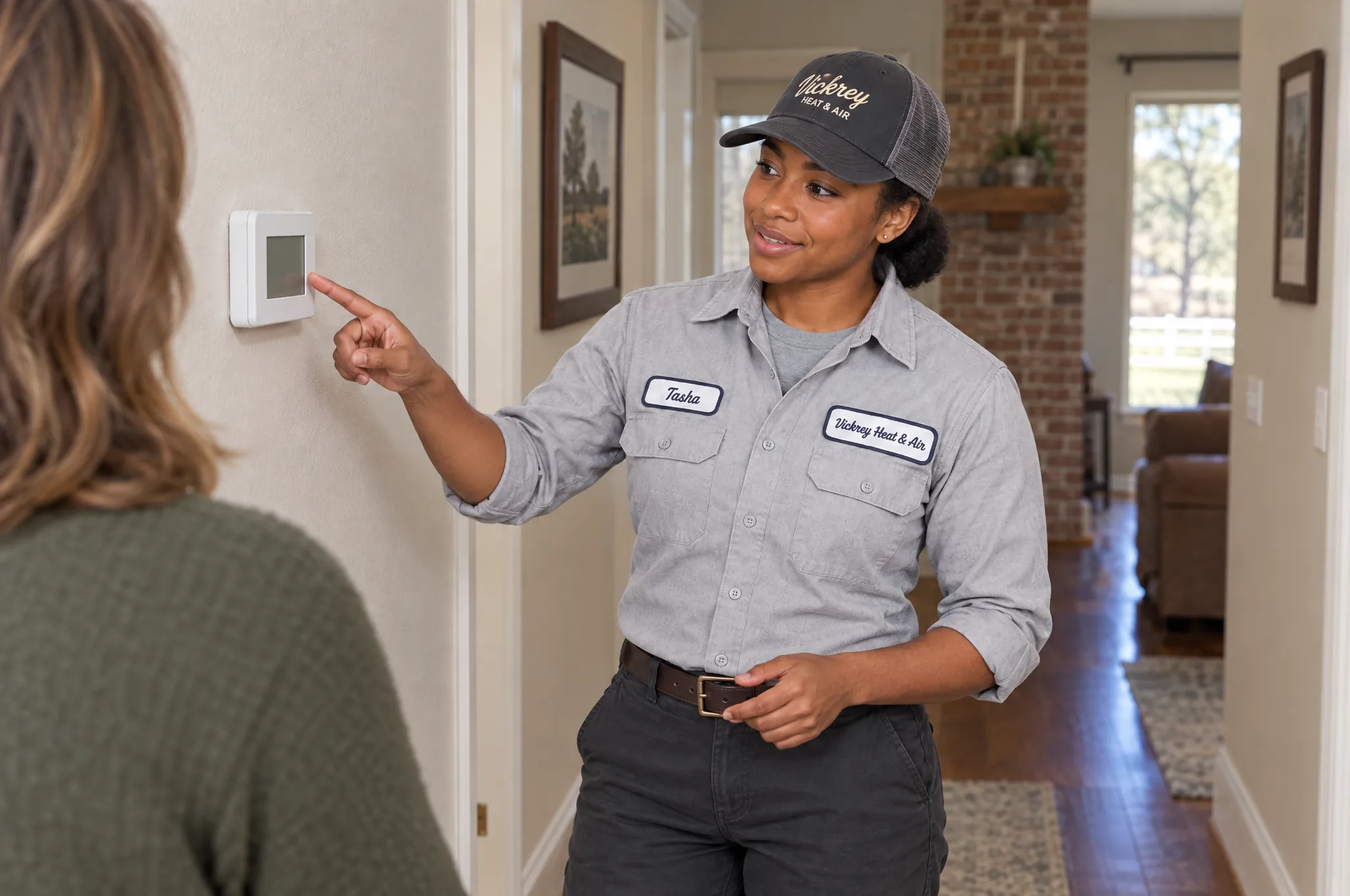 Technician showing a homeowner the new thermostat