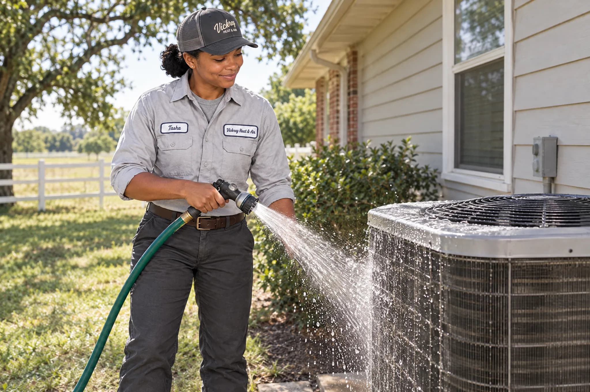 Technician rinsing an outdoor condenser coil with a garden hose